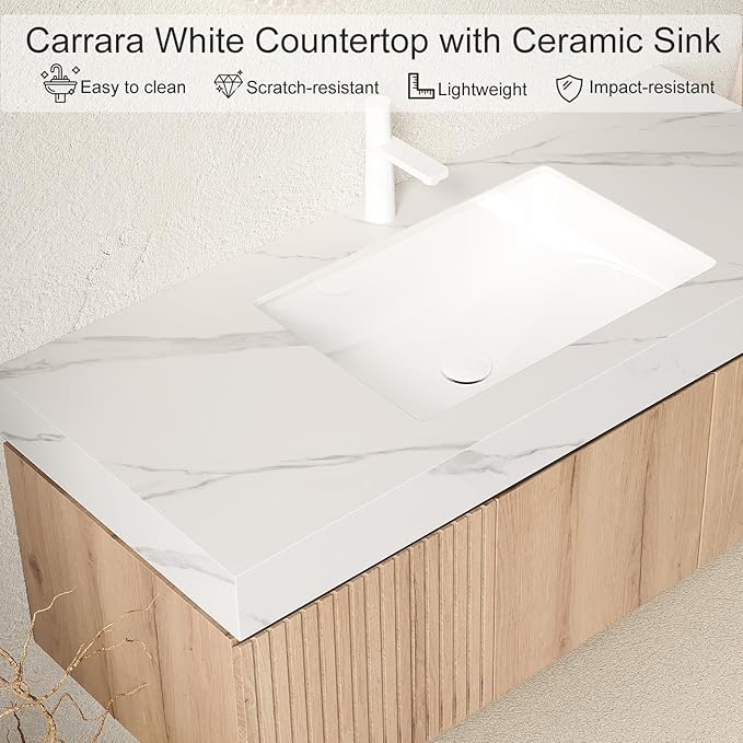 Ambrovina 30" Floating Bathroom Vanity with Sink, Wall Mount Storage Bathroom Vanities with Drawer and Door, Carrara White Sintered Stone Top and Ceramic Basin, Pre-Assembled Cabinet, Light Wooden