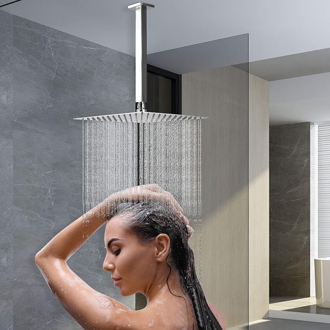 NearMoon Rain Shower Head With Shower Arm, Ceiling Mount Square Shower, Stainless Steel Ceiling Rainfall Showerhead- Waterfall Full Body Coverage (12 Inch, Chrome)