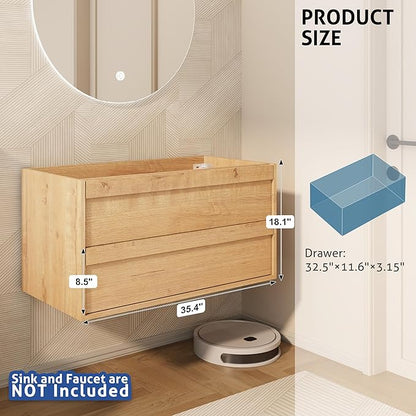 eclife 36" Floating Bathroom Vanity Sink Combo, Wall Mounted Modern Minimalist Storage Cabinet with 2 Drawers, Exclude Sink, Faucet & Drain, Natural