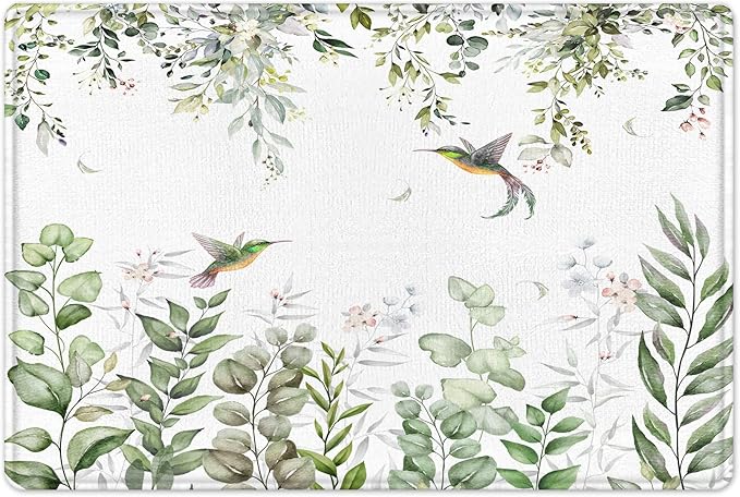 HVEST Sage Green Plant Shower Curtain and Bathroom Rugs, Eucalyptus Leaves with Floral and Hummingbird on White Shower Curtain with Bath Mat, 70X70 inches Green Botanical Shower Curtain Set