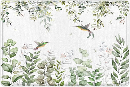 HVEST Sage Green Plant Shower Curtain and Bathroom Rugs, Eucalyptus Leaves with Floral and Hummingbird on White Shower Curtain with Bath Mat, 70X70 inches Green Botanical Shower Curtain Set
