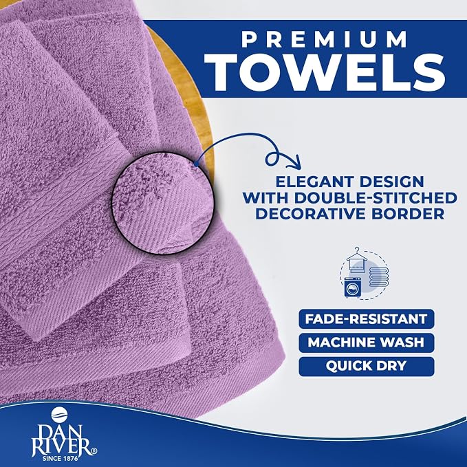 DAN RIVER 8 Piece Luxury Bath Towels for Bathroom, Towel Set, Lavendar | 2 Bath towels, 2 Hand towels, and 4 Wash Cloths, 600 GSM 100% Ring Spun Cotton, Highly Absorbent, Gym, Hotel, guest, and Spa
