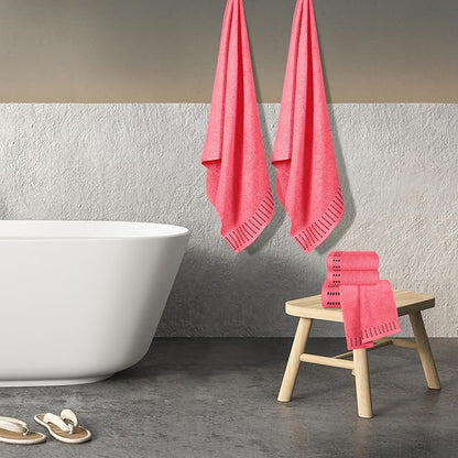 Ultra Soft 6 Pack Cotton Towel Set, Contains 2 Bath Towels 28x55 inch, 2 Hand Towels 16x24 inch & 2 Wash Cloths 12x12 inch, Ideal Everyday use, Compact & Lightweight - Coral Orange