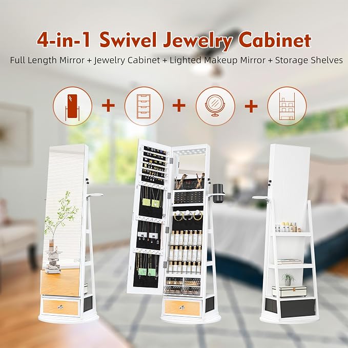 NUNU LAB 360° Swivel Mirror Jewelry Cabinet Standing 6 LEDs with Built-In Mirror, Full Length Mirror Jewelry Organizer with Lockable Storage& Drawer, Jewelry Armoire with Rear 3 Storage Shelves, White