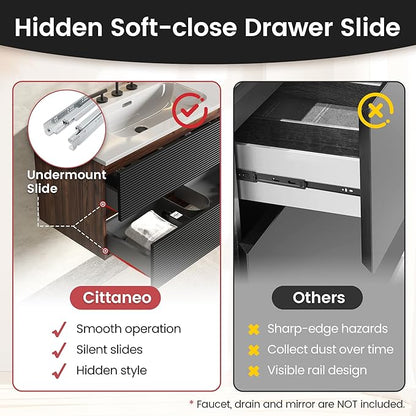 36" Floating Bathroom Vanity with Sink, Modern Wall Mounted Floating Vanity with Ceramic Sink, Double Soft-Close Drawers for Apartment, Hotel, Walnut+Black