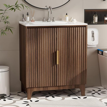 VINGLI 30 Inch Bathroom Vanity with Sink, Mid-Century Modern Vanity with Ceramic Basin and Fluted Soft-Close Doors, U-Shape Storage Shelf,Free Standing Small Bathroom Sink Cabinet Combo Set,Walnut