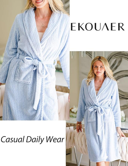 Ekouaer Women's Robe Long Plush Soft Bathrobe Cozy Warm Robes Shawl Collar Sleepwear with Pockets