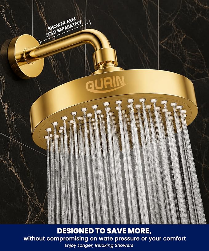 GURIN Shower Head - Luxury Gold Plated Finish - Rain Showerhead 6 Inch | High Pressure Shower Heads with Adjustable Angles, 90 Anti-Clog Nozzles, Tool-Free 1-Min Install