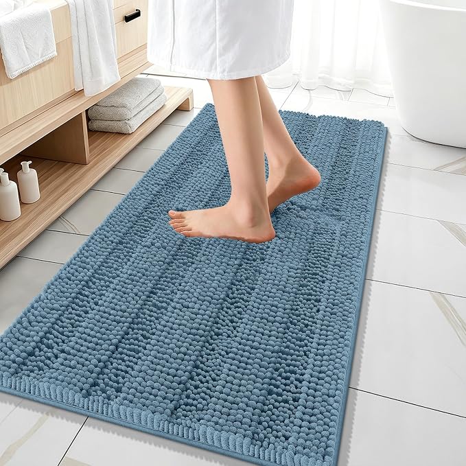OLANLY Thick Bathroom Runner Rugs 47x20, Soft Chenille Bath Rugs, Airy Blue | Absorbent Striped, Rubber Backing, Machine Wash, Long Bath Mats for Bathroom Floor, Tub and Shower, Home Decor Accessories