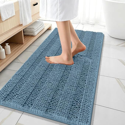 OLANLY Thick Bathroom Runner Rugs 47x20, Soft Chenille Bath Rugs, Airy Blue | Absorbent Striped, Rubber Backing, Machine Wash, Long Bath Mats for Bathroom Floor, Tub and Shower, Home Decor Accessories