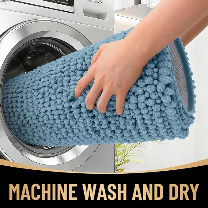 OLANLY Thick Chenille Toilet Rugs U-Shaped 24x20, Airy Blue | Soft Absorbent Shaggy Contour Bathroom Rugs for Toilet, Dry Quickly, Machine Washable, Non-Slip Bath Mat
