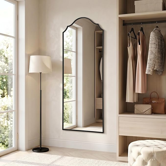 Besdomus Scalloped Full Length Mirror: 21"x56" Black Arched Floor Mirror | Classical Minimalist Wooden Frame Body Long Mirror for Wall/Bedroom/Cloakroom/Entryway/Living Room - Home Decor for Housewife