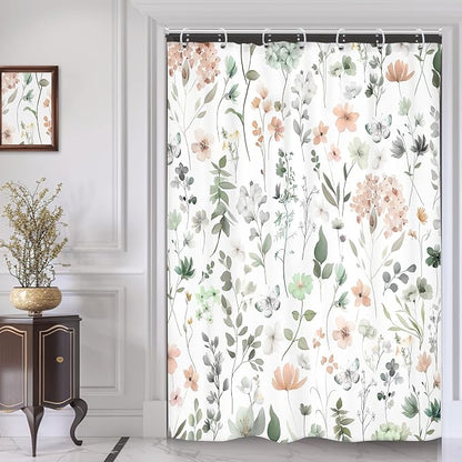 Cute Floral Small Stall Sage Green Flower Girls Bathroom Shower Curtain Set | 48"W x 72"H Wildflower Butterfly; waterproof HD print, quick-dry fabric and plastic hooks for easy setup.