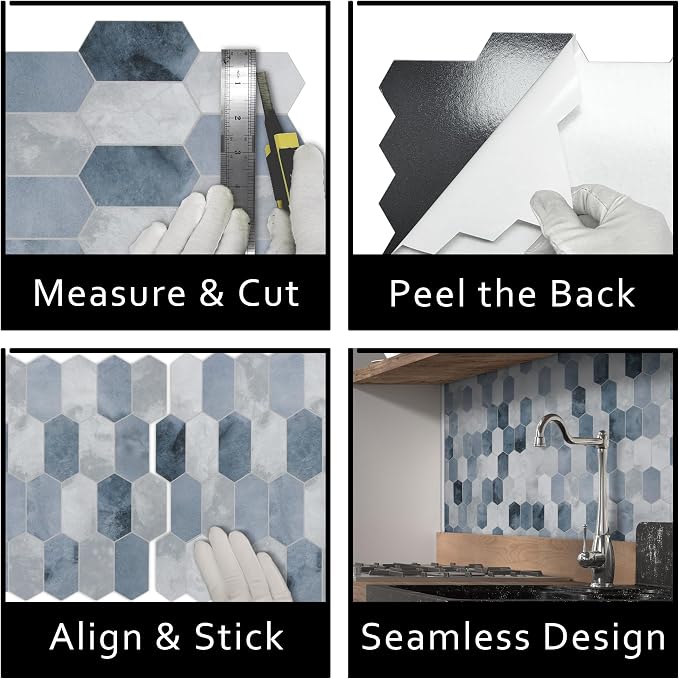 The Tiles Plaza 10-Sheet Peel and Stick Backsplash, 12" x 11.5" Blue Cement Long Hexagon Self-Adhesive Wall Tile, Stone Composite Stick On Decorative Mosaic Tile for Kitchen Bathroom Fireplace