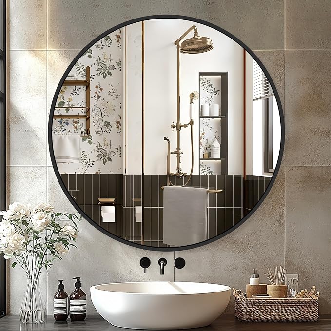 26 Inch Black Round Circle Mirror for Bathroom Wall, Metal Frame | HD tempered glass for clear, distortion-free reflection. Mounting hardware included for vertical or horizontal wall mount.
