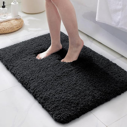 ILANGO Black Bathroom Rugs 24" × 17" Small Non Slip & Super Absorbent Extra Thick Soft, Washable Bath Mat for Floor, Microfiber Plush Shaggy Bath Rug with Rubber for Bathtub Shower Room Sink