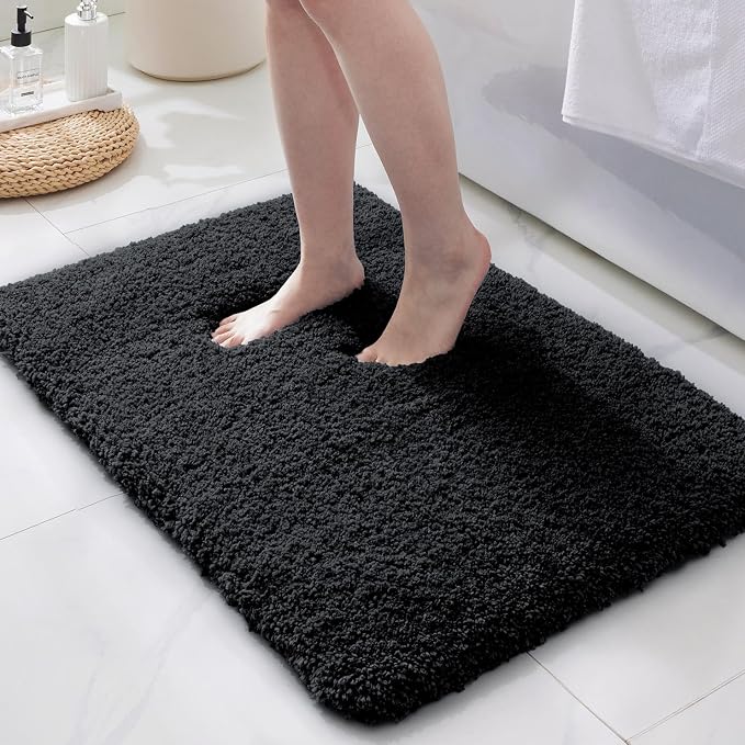 ILANGO Black Bathroom Rugs 30" × 20" Non Slip & Super Absorbent Extra Thick Soft, Washable Bath Mat for Floor, Microfiber Plush Shaggy Bath Rug with Rubber for Bathtub Shower Room Sink
