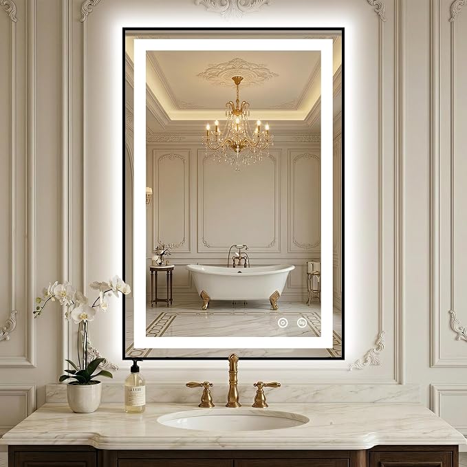 LED Bathroom Mirror with Lights, 24"x36" Black Framed Lighted Vanity Mirror | Anti-Fog, Dimmable 3 Color Temperature, Front & Backlit, Memory Function, Shatterproof Tempered Glass