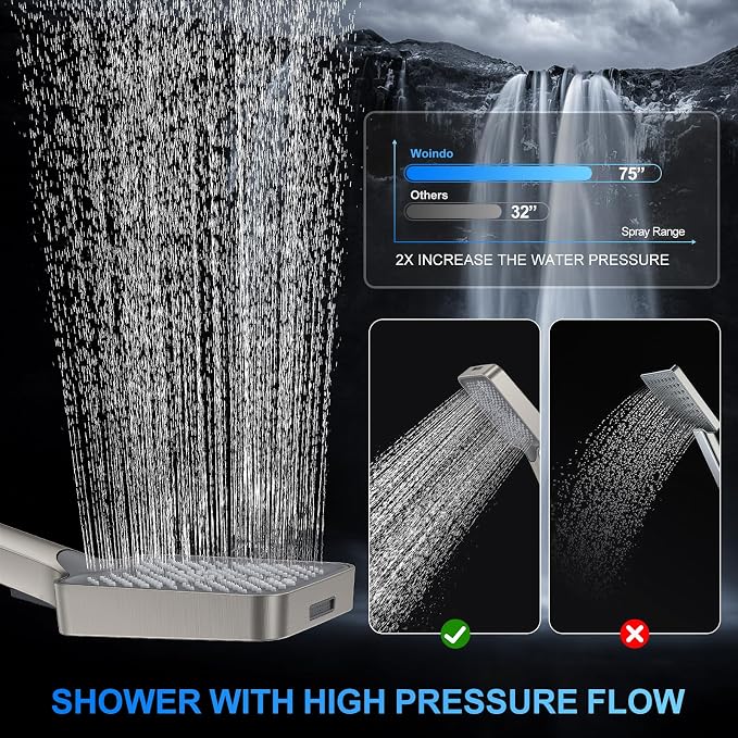 Woindo Shower Faucet Set, 10" Wall Mount Rainfall Shower System with 2 Rain Shower Head and Multi-function Handheld Head Push Button Diverter Shower Faucet Trim Kit