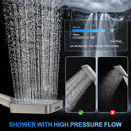 Woindo Shower Faucet Set, 10" Wall Mount Rainfall Shower System with 2 Rain Shower Head and Multi-function Handheld Head Push Button Diverter Shower Faucet Trim Kit