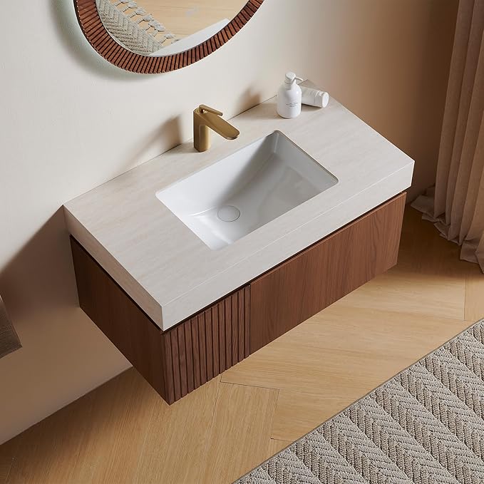 36” Floating Bathroom Vanity with Sink, Wall-Mounted Cabinet with Drawer & Doors, Roma Travertine-Pattern Countertop, Undermount Basin, Single Faucet Hole, Soft-Close, Pre-Assembled, Brown Oak
