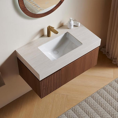 36” Floating Bathroom Vanity with Sink, Wall-Mounted Cabinet with Drawer & Doors, Roma Travertine-Pattern Countertop, Undermount Basin, Single Faucet Hole, Soft-Close, Pre-Assembled, Brown Oak