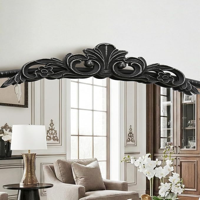 Micasso Large Vintage Black Mirror: 48"x33" Baroque Antique Wall Mirror | Traditional Ornate French Decorative Arched Mirror for Bedroom/Bathroom/Fireplace/Entryway/Hallway/Living Room/Dining Room