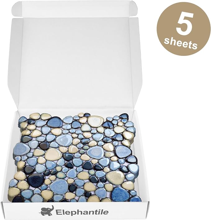 Shower Floor Pebble Tile Blue Mosaic Tiles for Bathroom Wall Backsplash Floor [Set of 5 Sheets]