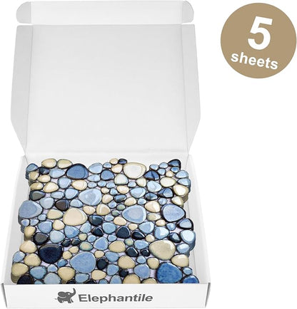 Shower Floor Pebble Tile Blue Mosaic Tiles for Bathroom Wall Backsplash Floor [Set of 5 Sheets]