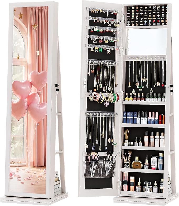 4-In-1 Jewelry Cabinet Jewelry Armoire Lockable Standing, White | Jewelry Organizer with Storage, Full-Length Mirror, 3 Storage Shelves, Makeup Mirror, 360 ° Swivel Jewelry Armoire for Women