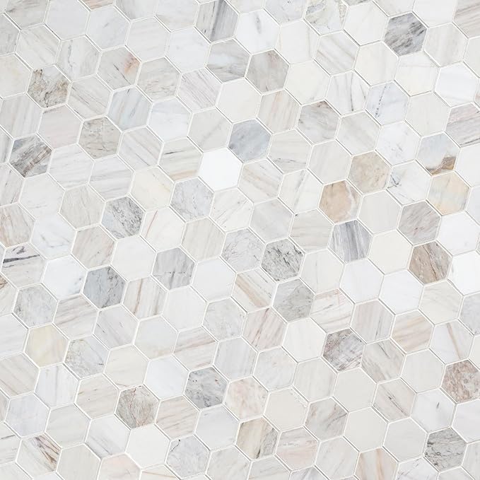 MSI Angora 12 in. x 12 in. Polished Marble Hexagon Tile for Kitchen Backsplash, Floor Tile, Wall Tile for Bathroom, Shower Wall Tile, Mesh Mounted Mosaic Tile