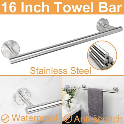 TocTen Bathroom Hardware Set, Thick Stainless Steel Bath Towel Bar Set Including Towel Rack for Bathroom+Toilet Paper Holder+3 Robe Towel Hooks Wall Mount Bathroom Accessory Set(16IN,Brushed Nickel)
