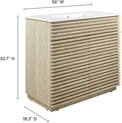Modway Render Faux Travertine Slatted 36 Inch Bathroom Vanity in White with Sink Combo - Mid-Century Modern Single Sink Bathroom Vanity - Vanity Cabinet with Soft-Close Doors