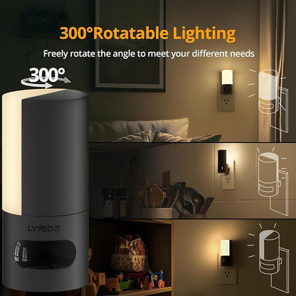 Plug-in LED Rotatable Night Light with Motion Sensor, Dimmable Backlit Nightlight with 1-150lm Adjustable Brightness for Bathroom, Bedroom, Hallway, Stairs, 2 Pack