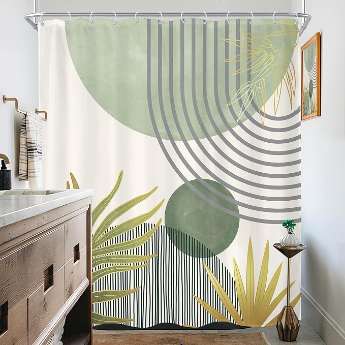 Mid Century Mint Green Boho Abstract Modern Bathroom Shower Curtain Set | 72Wx78H Plant Botanical design, waterproof HD print with fast-drying fabric and 12 hooks.