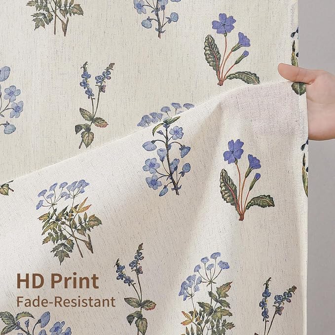 Colorful Star Farmhouse Blue Floral Linen Shower Curtain, 72" W x 78" L | Vintage Boho Shower Curtain for Bathroom, French Country Pattern Waterproof Bathroom Curtains with 12 Clear Hooks
