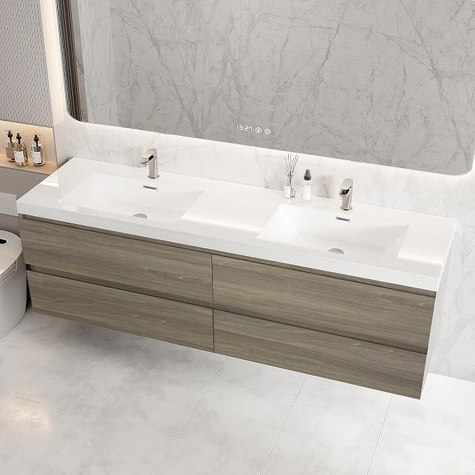 72 Inch Floating Bathroom Vanity with Double Sink, Large Storage Wall Mounted Floating Vanity with Soft Close Drawers, One-Piece Basin Bathroom Sink Cabinet (Ash Grey, 72 Inch Double Sink)