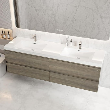 72 Inch Floating Bathroom Vanity with Double Sink, Large Storage Wall Mounted Floating Vanity with Soft Close Drawers, One-Piece Basin Bathroom Sink Cabinet (Ash Grey, 72 Inch Double Sink)