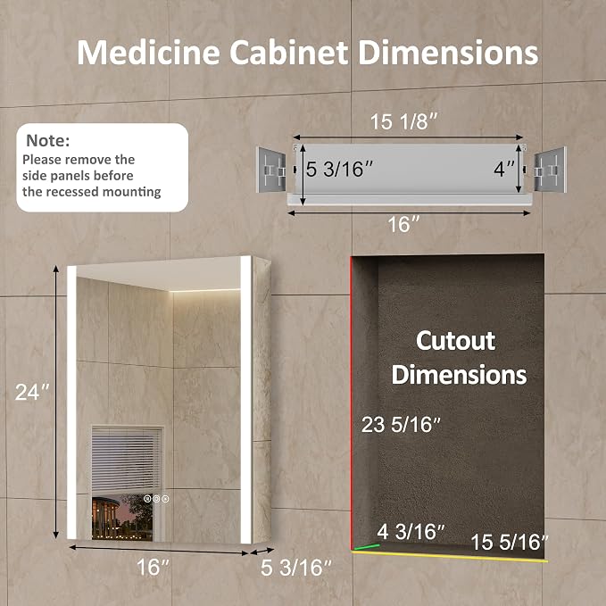16 x 24 Inch Medicine Cabinet with Mirror and LED Light for Bathroom | Recessed, Wall-Mounted, Dimmable, Anti-Fog, Memory Function, 3 Color Mode, Outlet&USB, Adjustable Shelf, ETL Listed, Aluminum
