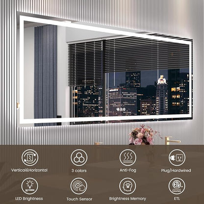 Snowdool 88 x 38 in LED Bathroom Mirror, Front and Backlit, Anti-Fog | Front and Backlit, 3 Color Temperatures, Anti-Fog, Tempered Glass