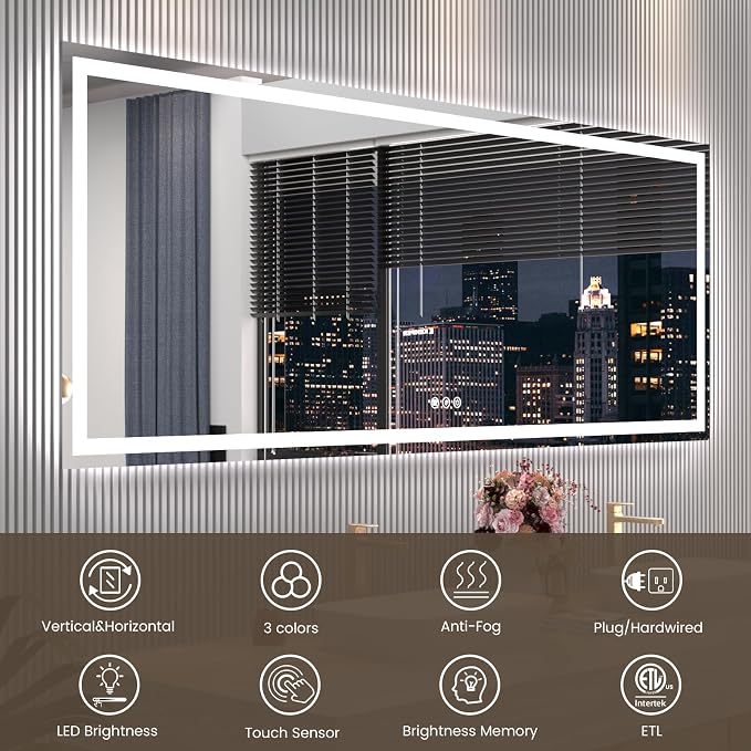 Snowdool 84 x 40 in LED Bathroom Mirror, Front and Backlit, Anti-Fog | Front and Backlit, 3 Color Temperatures, Anti-Fog, Tempered Glass
