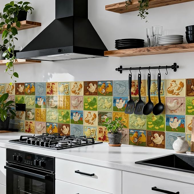 Easy Peel Stick wall Tile Stickers 6x6in Stick on backsplash Tiles,12Pcs | removable 3D tile for kitchen RV bathroom laundry backsplash decor,Ultra-high-definition printed hen pattern