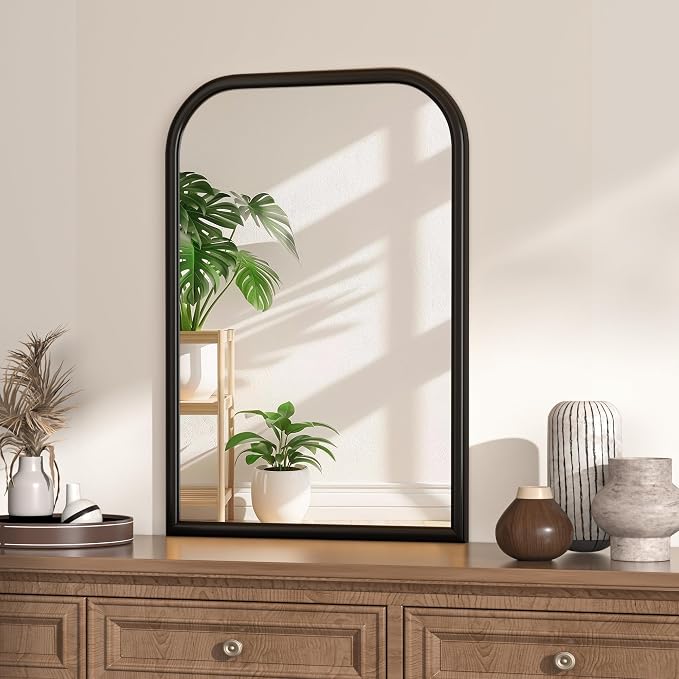 Arch Wall Mirror for Wall Mounted, Tempered Glass, Wood Grain Finish Frame Wall Mirror Decorative for Bedroom Living Room Vanity Mirror (Black, 30" L x 20" W)
