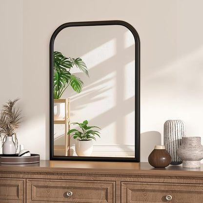 Arch Wall Mirror for Wall Mounted, Tempered Glass, Wood Grain Finish Frame Wall Mirror Decorative for Bedroom Living Room Vanity Mirror (Black, 30" L x 20" W)