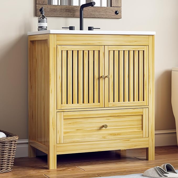 30" Bathroom Vanity with Single Sink, Solid Wooden Free Standing Bathroom Cabinet, Farmhouse Bamboo Storage Cabinet with Large Drawer, Soft-Closing Louvered Doors with Built-in Shelves