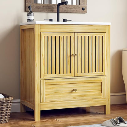 30" Bathroom Vanity with Single Sink, Solid Wooden Free Standing Bathroom Cabinet, Farmhouse Bamboo Storage Cabinet with Large Drawer, Soft-Closing Louvered Doors with Built-in Shelves