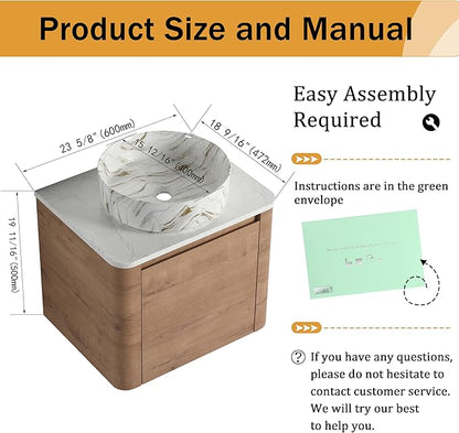 Malwee 24" Floating Bathroom Vanity with Sink, 24 Inch Wall Mounted Bathroom Cabinet Combo, Modern Single Sink Bath Storage Vanity Set, with 1 Soft Close Door and Ceramic Vessel Basin Top(24-PP