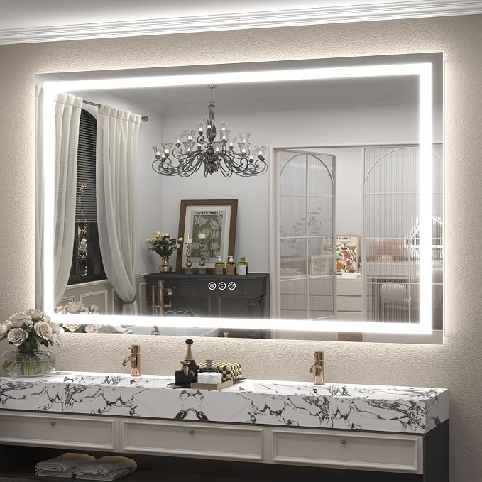 66x40 LED Lighted Bathroom Mirror for Vanity Wall | Front Light and Backlit, Anti-Fog, Memory, 3 Color, Tempered Glass, Dimmable, Rectangular, UL, Horizontal/ Vertical Mounted