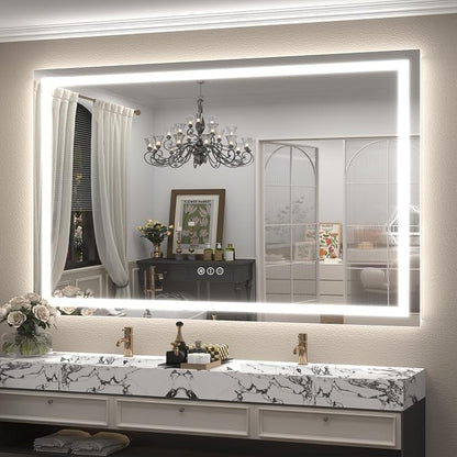 66x40 LED Lighted Bathroom Mirror for Vanity Wall | Front Light and Backlit, Anti-Fog, Memory, 3 Color, Tempered Glass, Dimmable, Rectangular, UL, Horizontal/ Vertical Mounted
