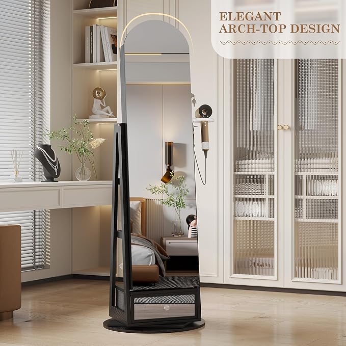 LVSOMT 64" H Arched LED Mirror Jewelry Cabinet Standing, Black | 360° Swivel Full-Length Mirror with Storage, Lockable Jewelry Organizer with Inner Makeup Shelf, Gift for Women